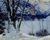 爱德华 屈居埃尔 : A Frozen Lake In A Mountainous Winter Landscape
